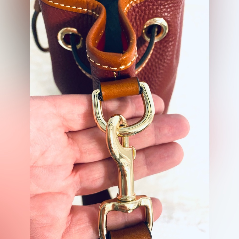 Dooney & Bourke Burgundy Pebbled Leather Drawstring Shoulder Bag with Tan Trim - Picture 7 of 16